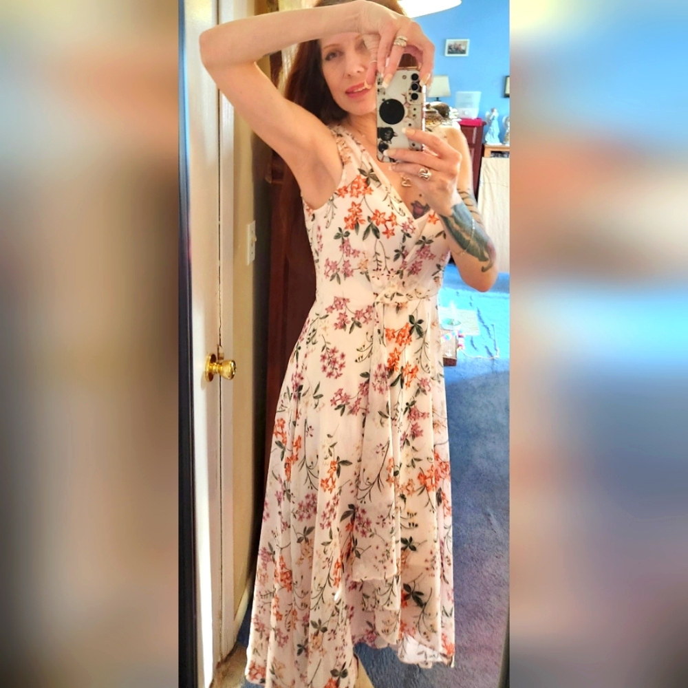 CALVIN KLEIN PINK FLORAL LAYERED TIERRED POLY CHIFFON LONG DRESS 4